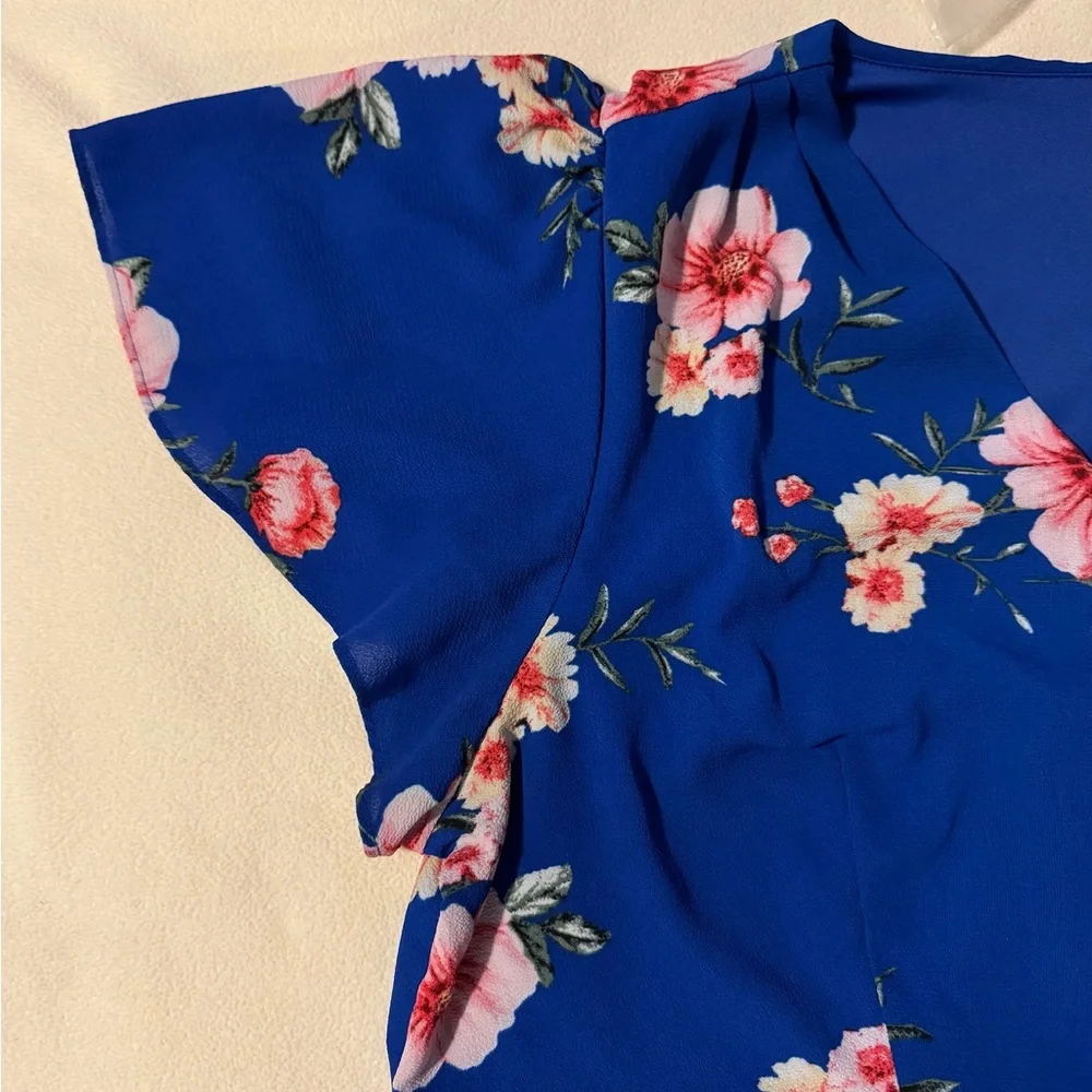 Vibrant Floral Dress 18/20 Blue & Botanical Pinks Faux-wrap Midi - Picture 6 of 11